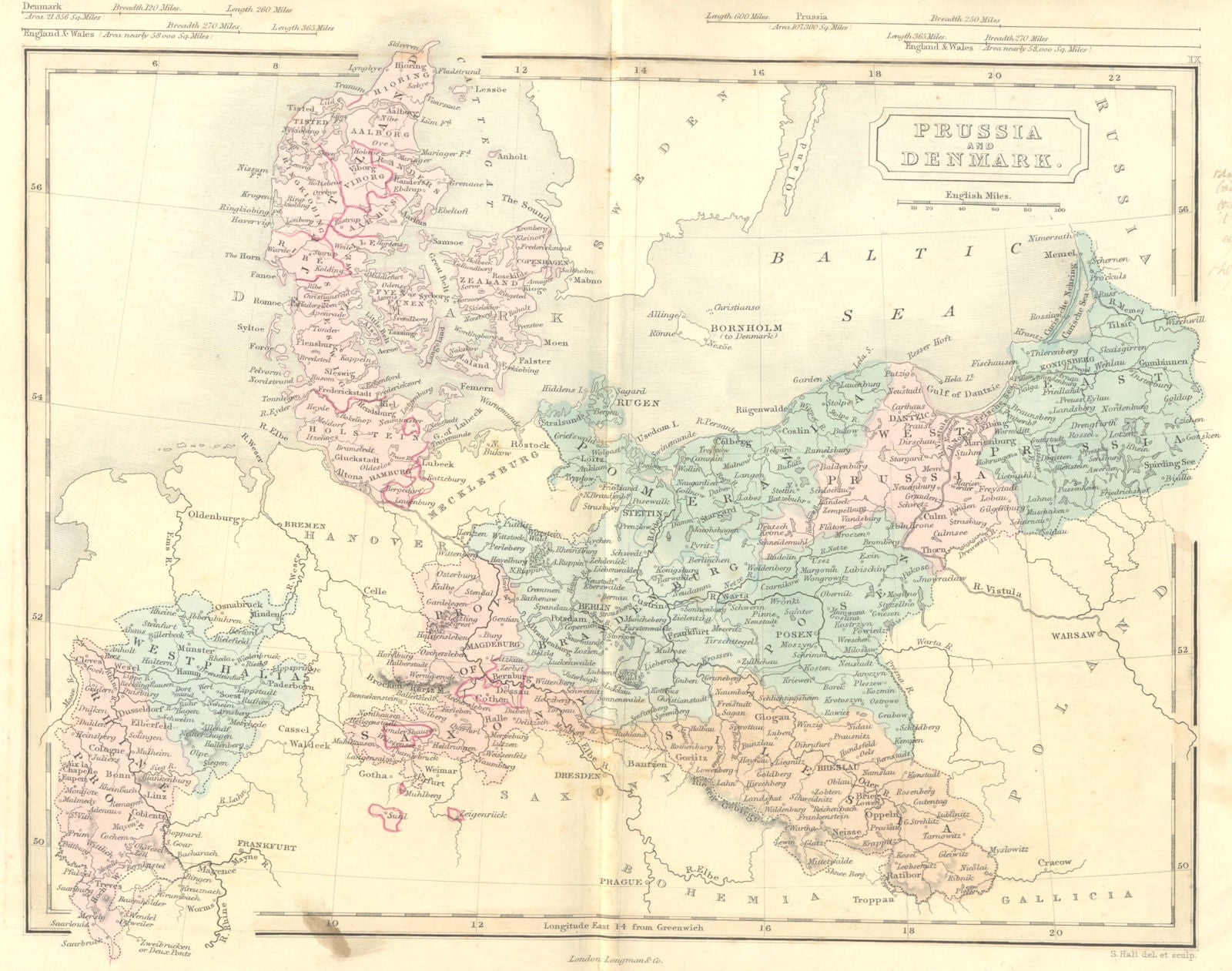 GERMANY. Prussia & Denmark. Hall 1851 old antique vintage map plan chart